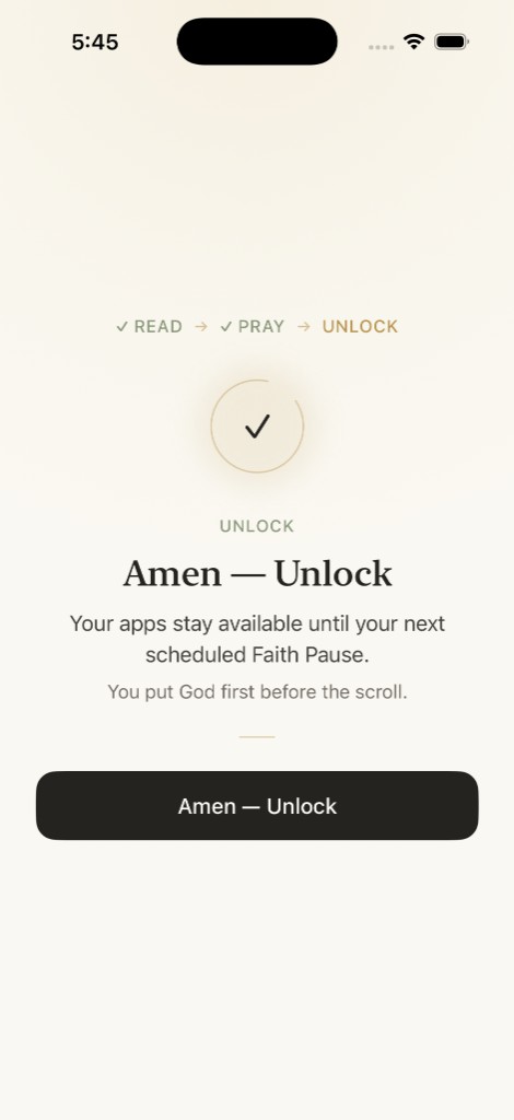 God Focus Amen Unlock screen: Read, Pray, Unlock.