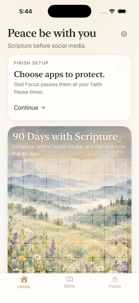 God Focus home screen with 90 Days with Scripture.